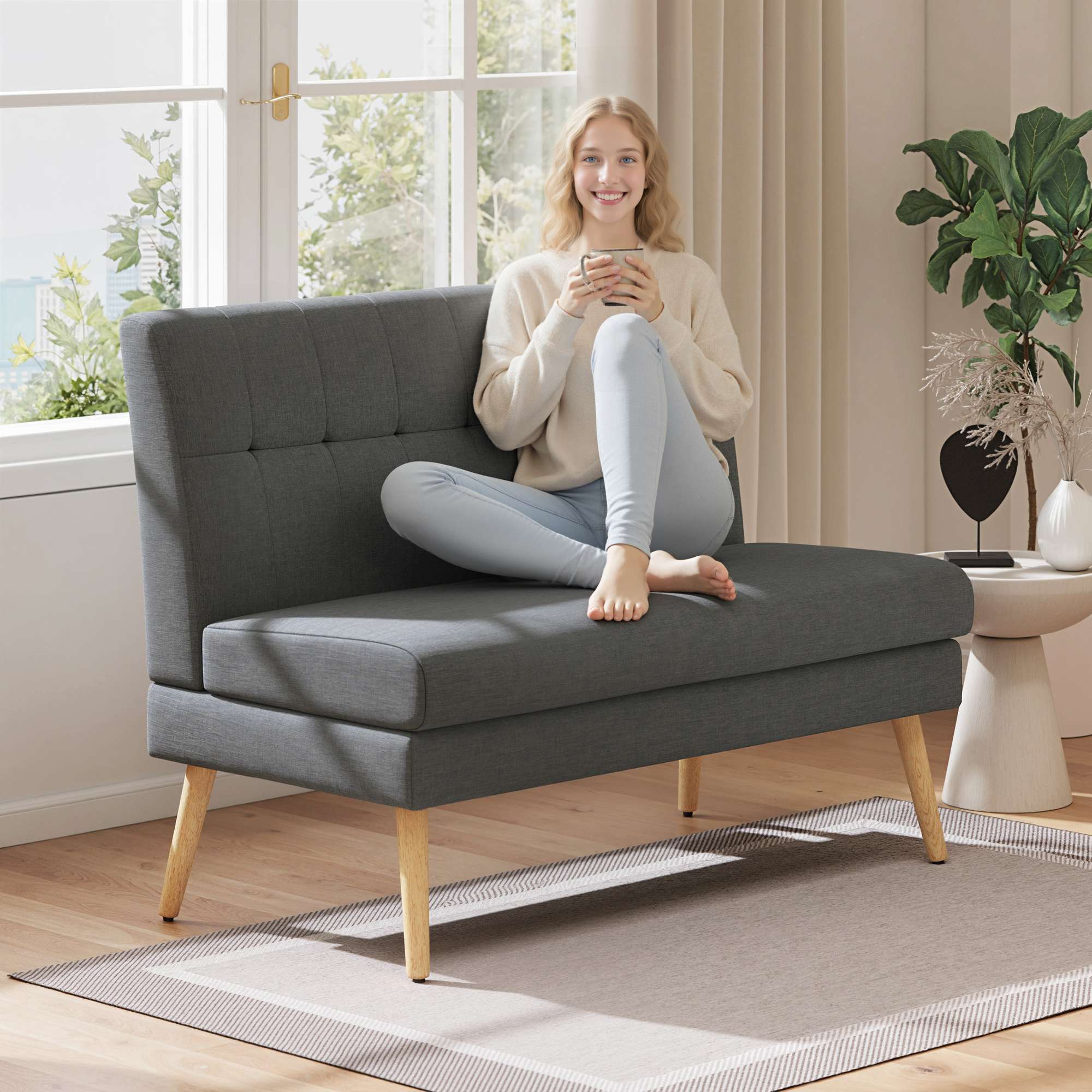 2-sitssoffa, tuftad rygg, träben, linne-look, grå