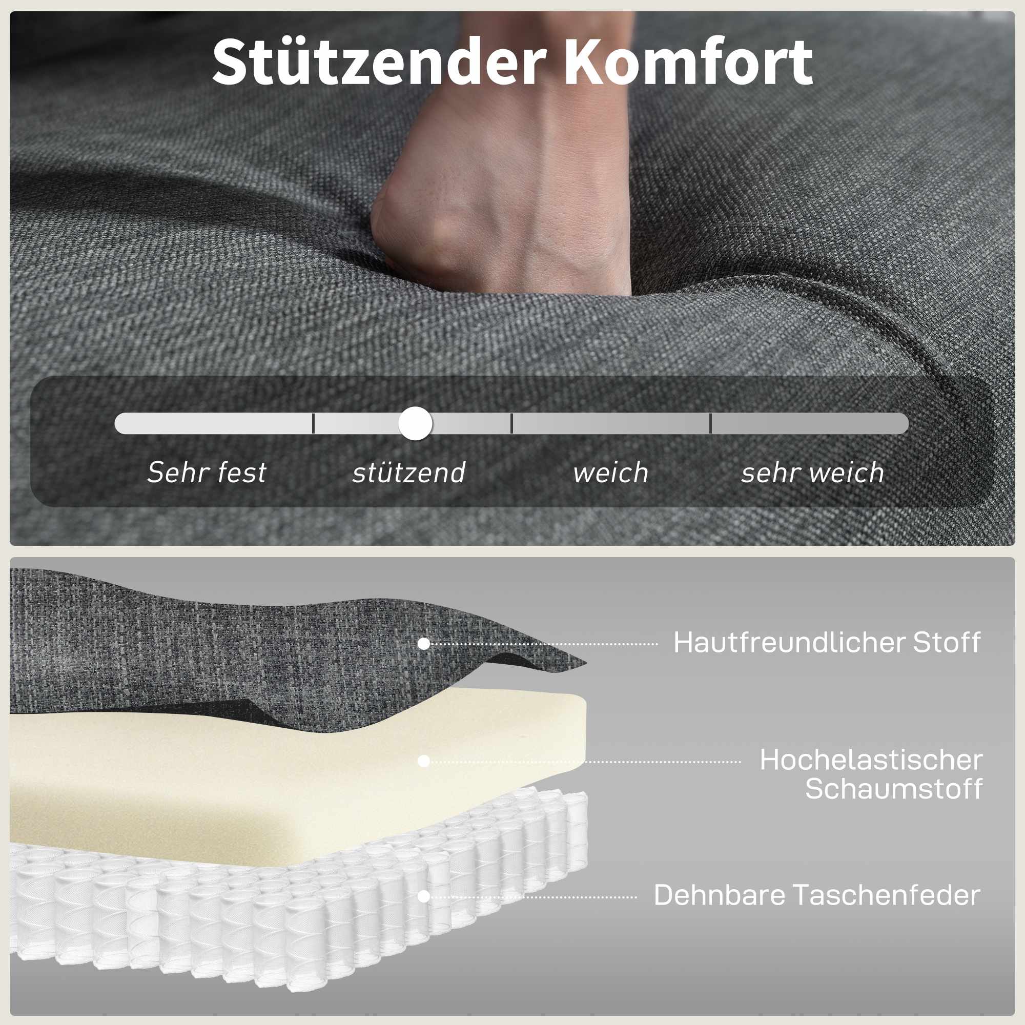 2-sitssoffa, tuftad rygg, träben, linne-look, grå