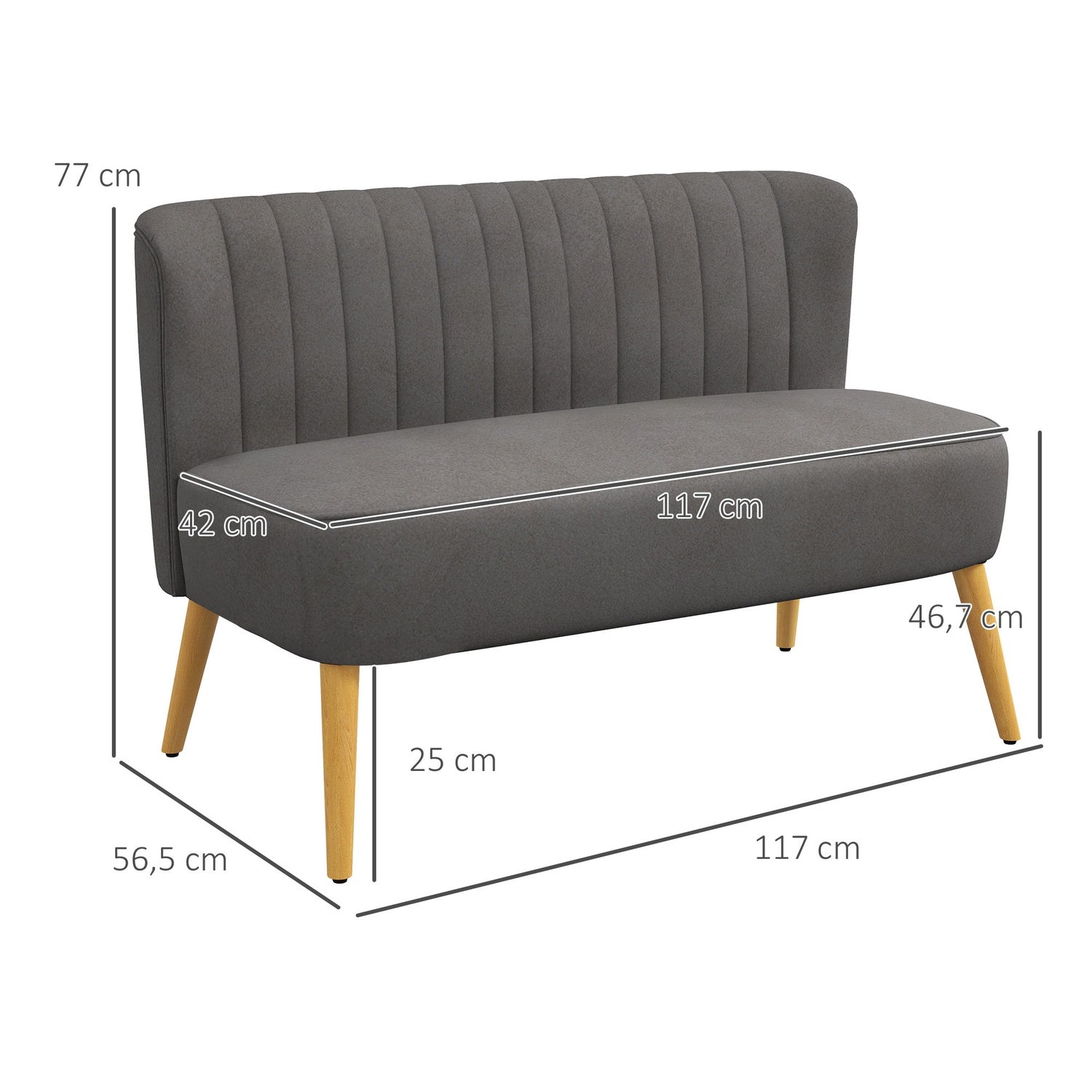 Mörkgrå Linne-Look Loveseat, träben, 2-sits
