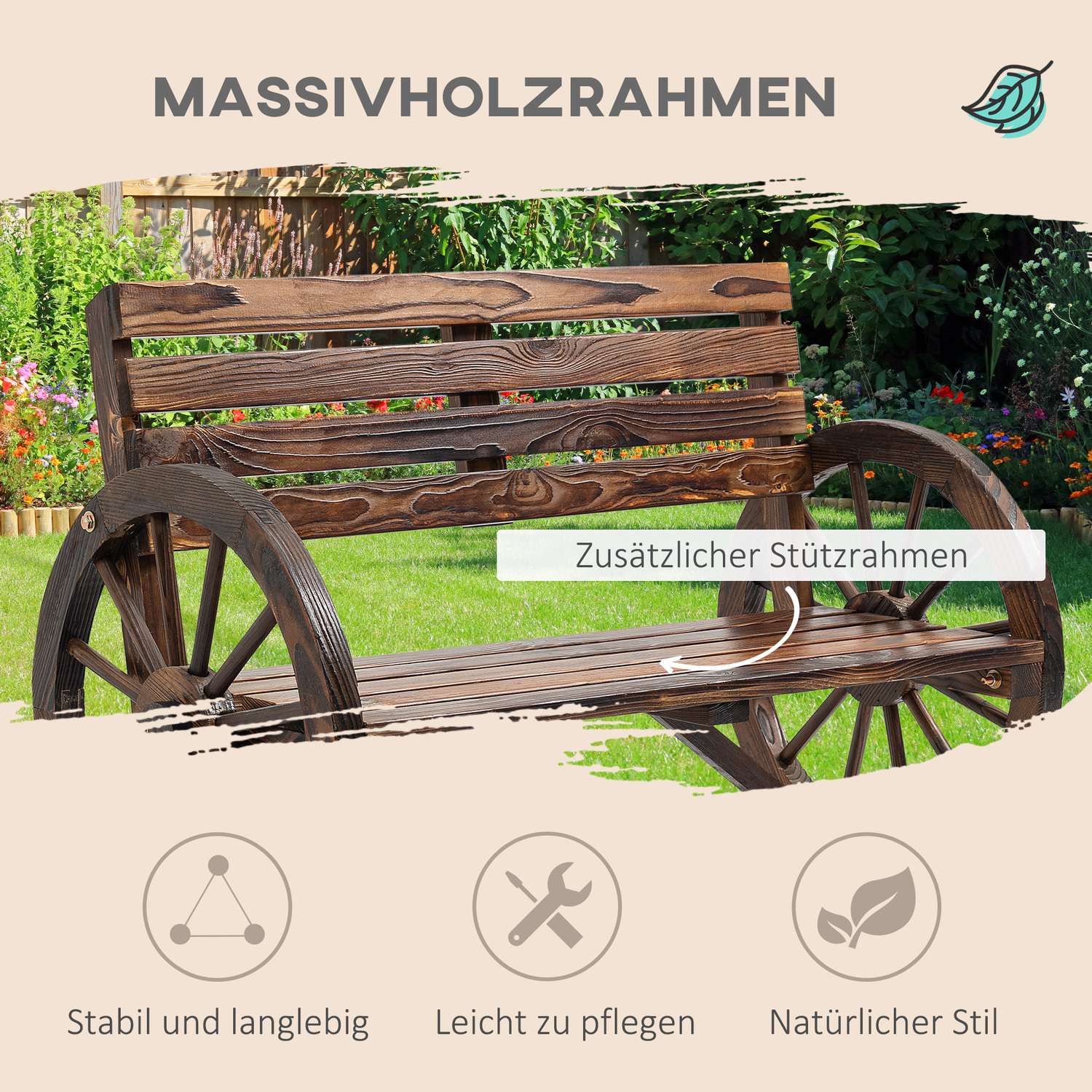 2-sits trädgårdsbänk i trä med design för vagnhjul