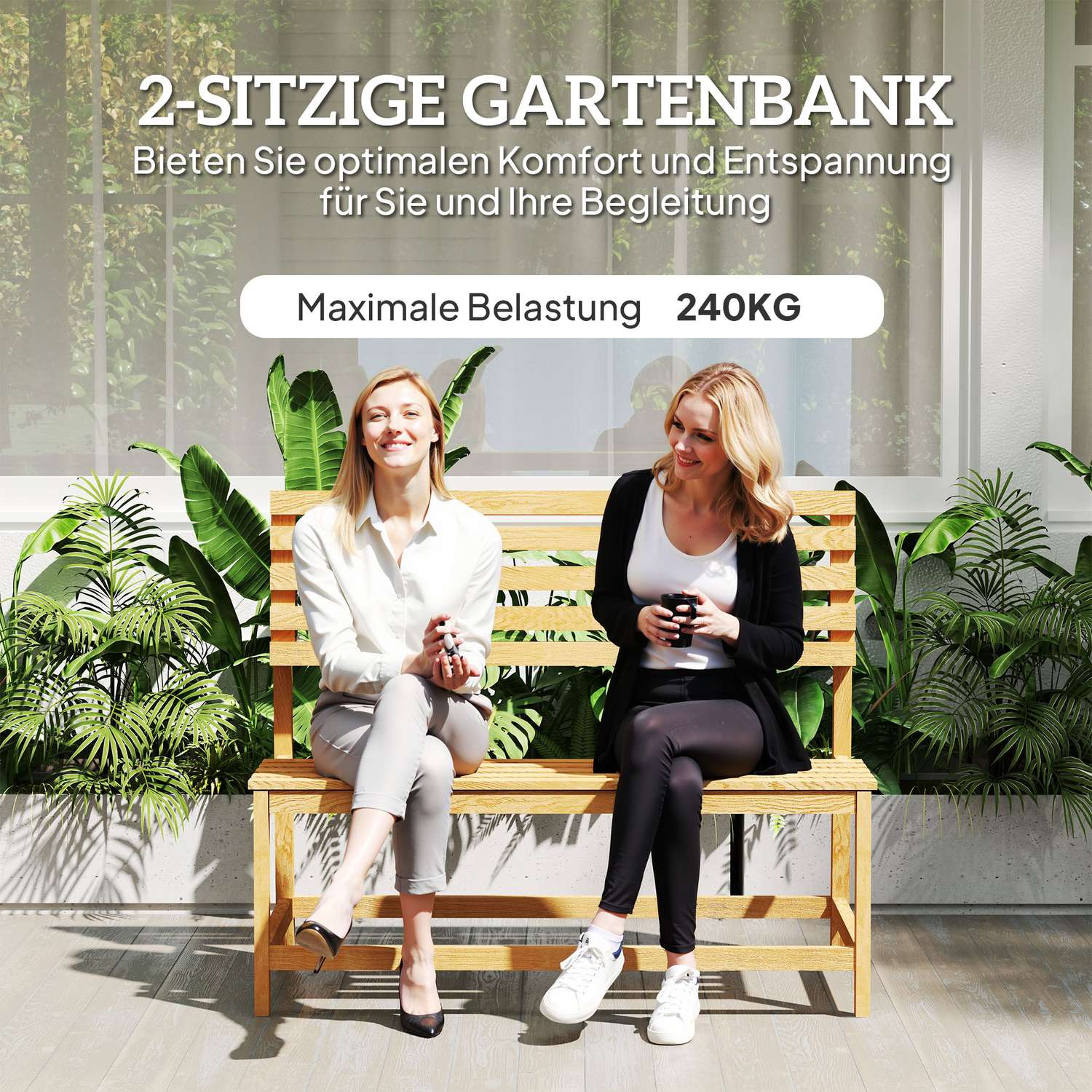 Trädgårdsbänk i 2-sits teak med konvertibelt ryggstöd
