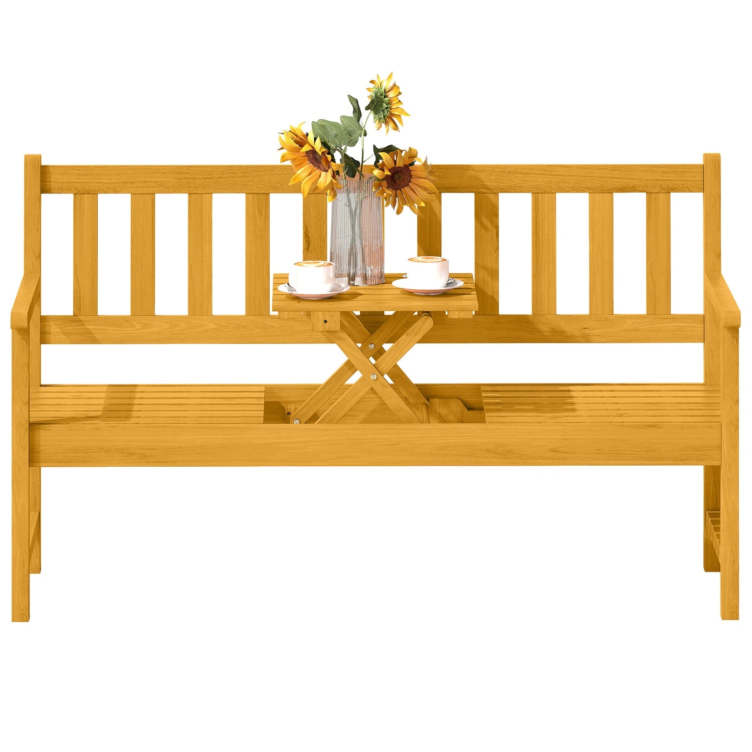 2-sits trädgårdsbänk i trä, väderbeständig bänk med rygg och armstöd, 320 kg lastkapacitet, 149 x 56,5 x 89 cm, teak