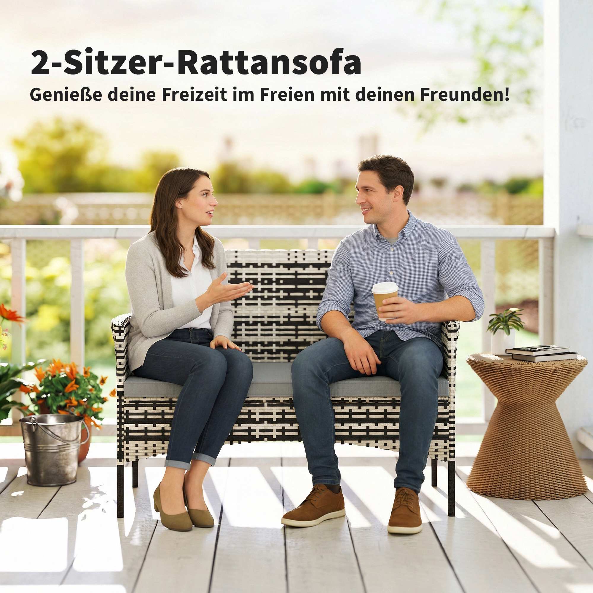 2-sits utomhussoffa i rotting med kuddar, mörkgrå
