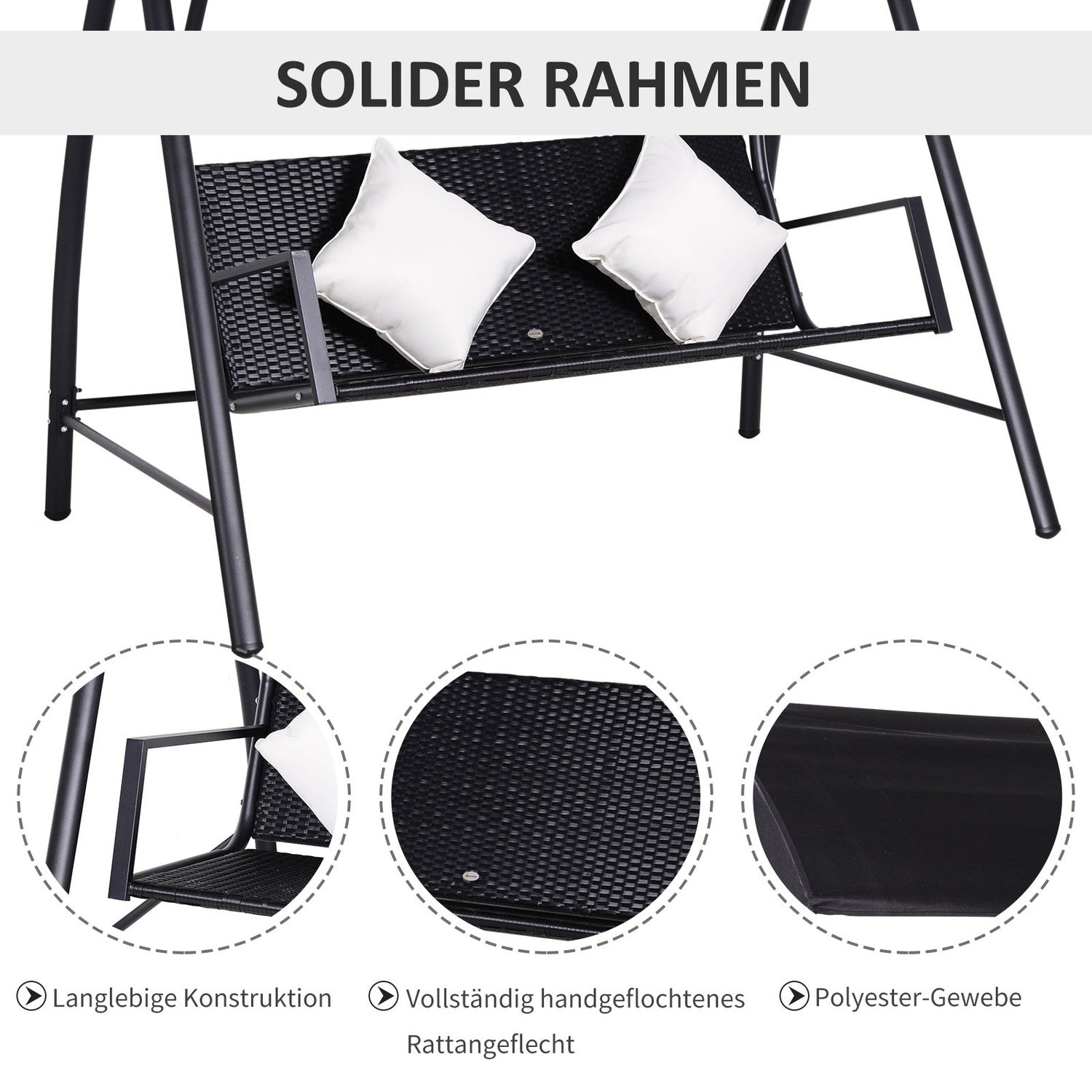 3-sits svart polyrattangunga med kudde – 360 kg kapacitet
