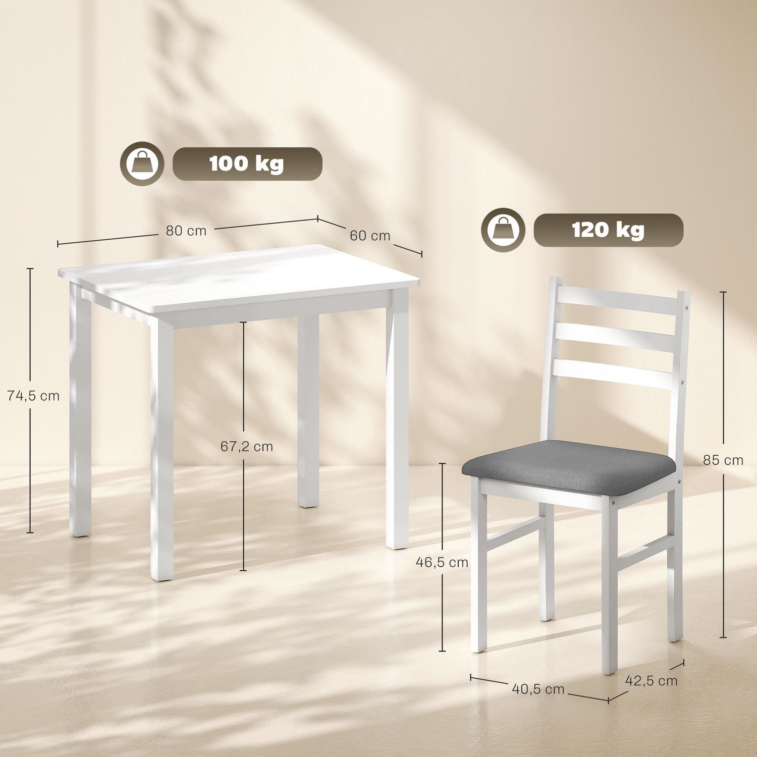 3-delad matsalsset med 2 stolar, platsbesparande, vit MDF