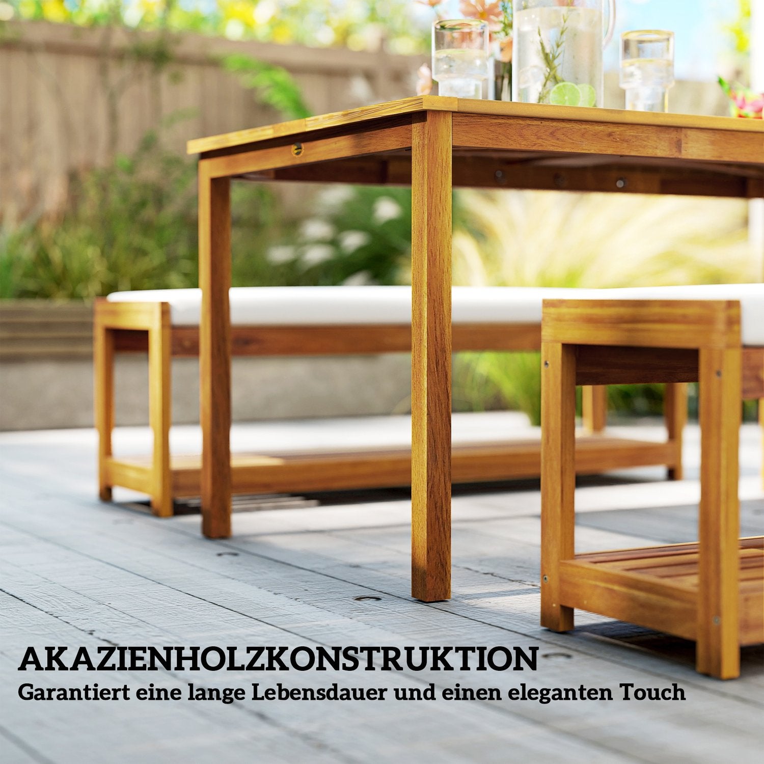 3-delad trädgårdsmöbelset, sittset inklusive 1 matbord med paraplyhål, 2 bänkar 150 x 85 x 75 cm teak