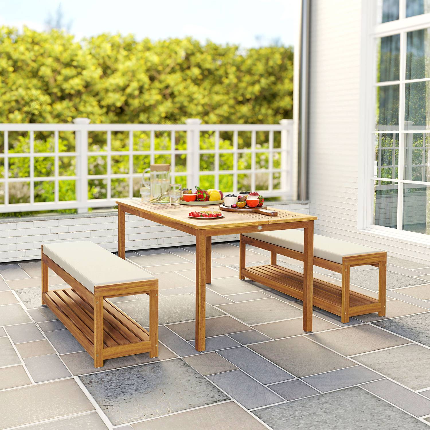 3-delad trädgårdsmöbelset, sittset inklusive 1 matbord med paraplyhål, 2 bänkar 150 x 85 x 75 cm teak