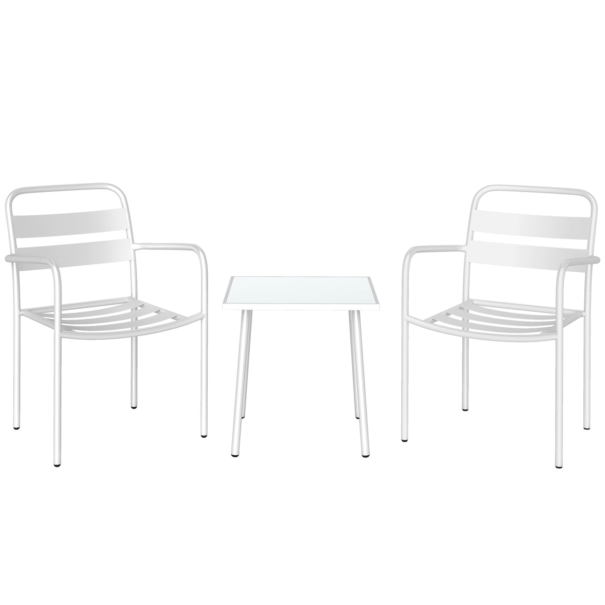 3-delt bistrossett i metall med glassbord, hvit