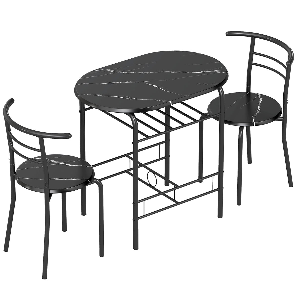 3-delt spisebordsett for 2 personer, svart marmorlook, hylleplan