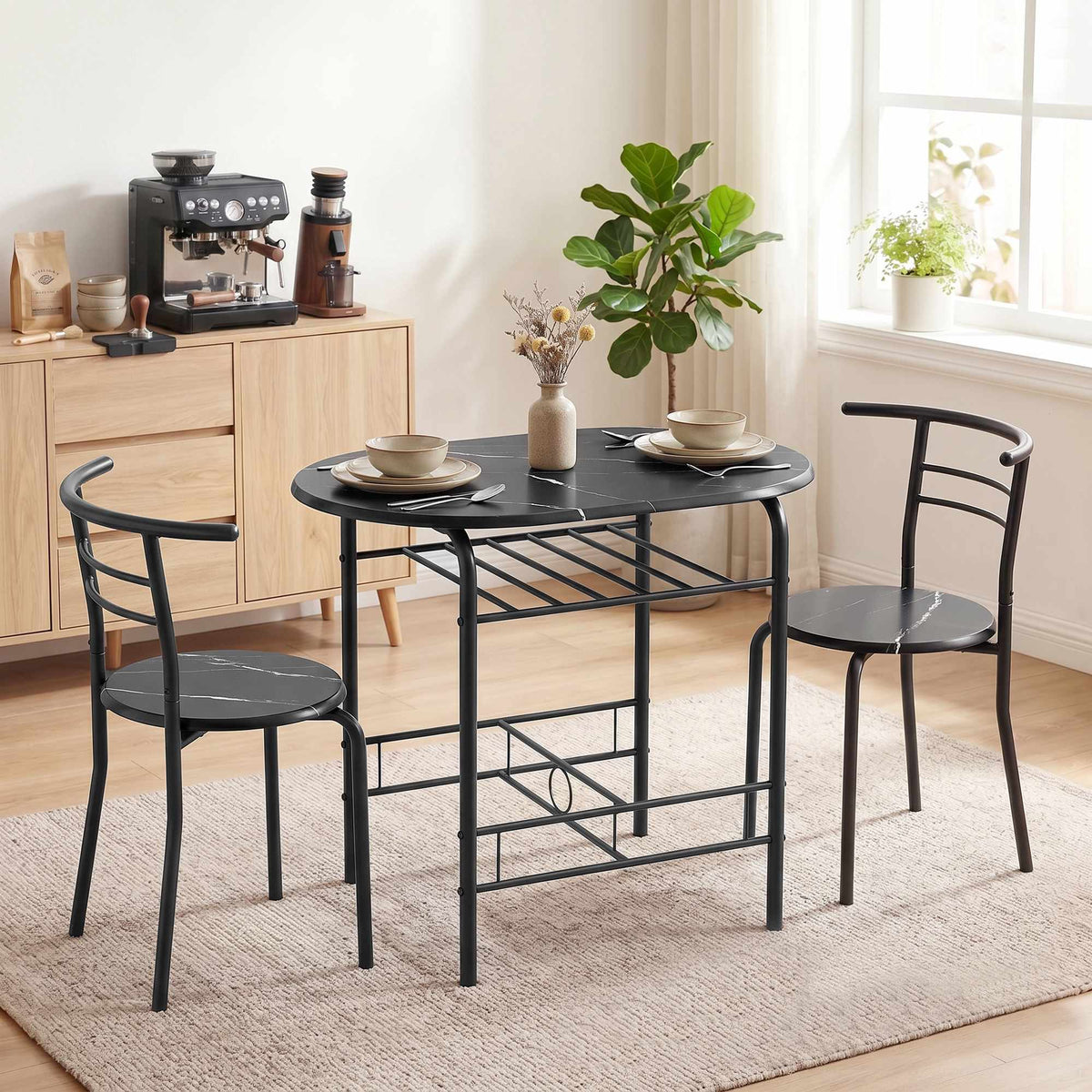 3-delt spisebordsett for 2 personer, svart marmorlook, hylleplan
