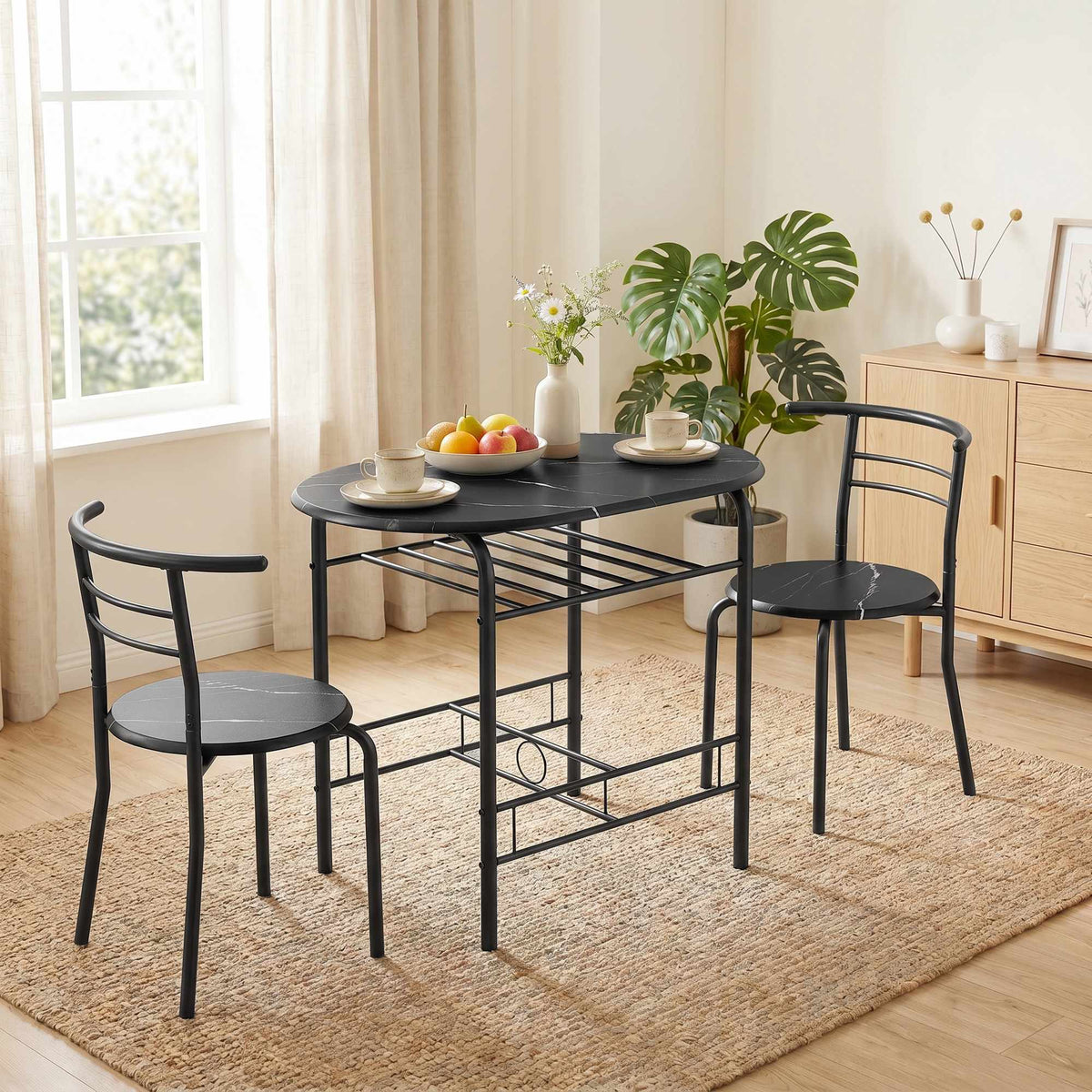 3-delt spisebordsett for 2 personer, svart marmorlook, hylleplan