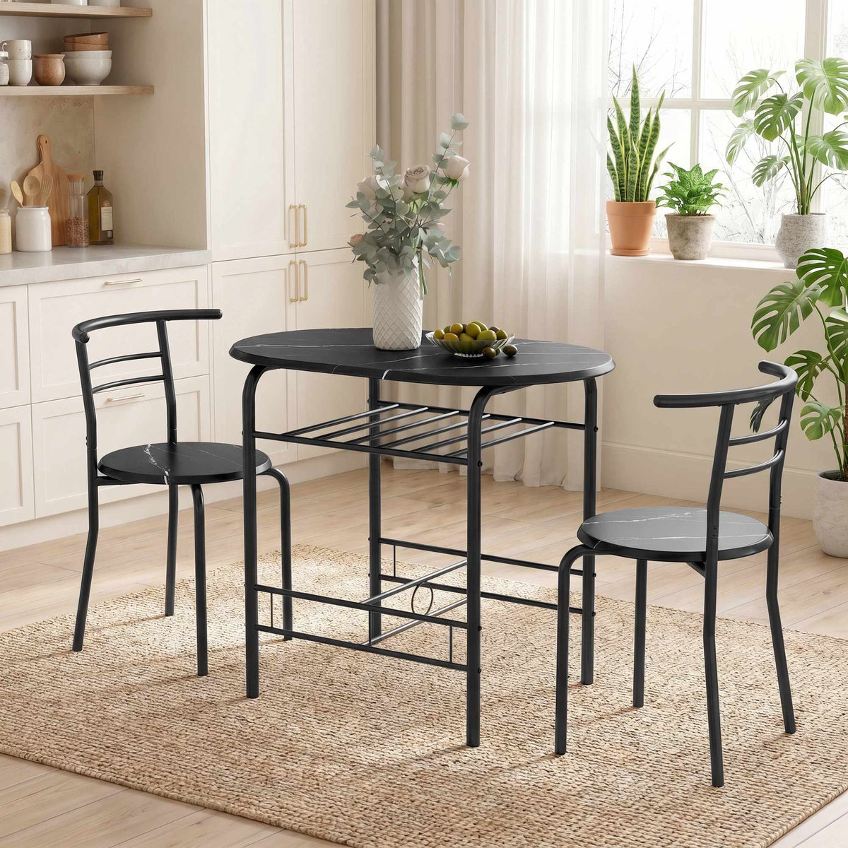 3-delt spisebordsett for 2 personer, svart marmorlook, hylleplan