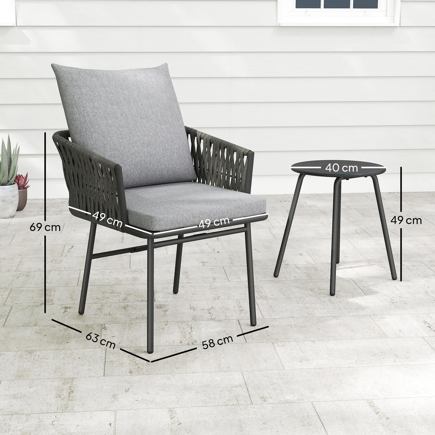 3-delat utemöbler, 2 stolar, 1 bord, bistroset, konstrotting, stålstomme, metallbord, 4 kuddar, grå