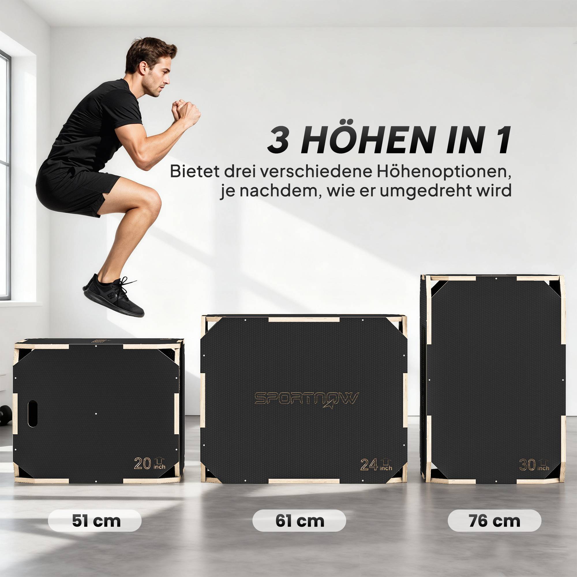 3-i-1 Plyo-låda med handtag, trä, svart, 3 höjder