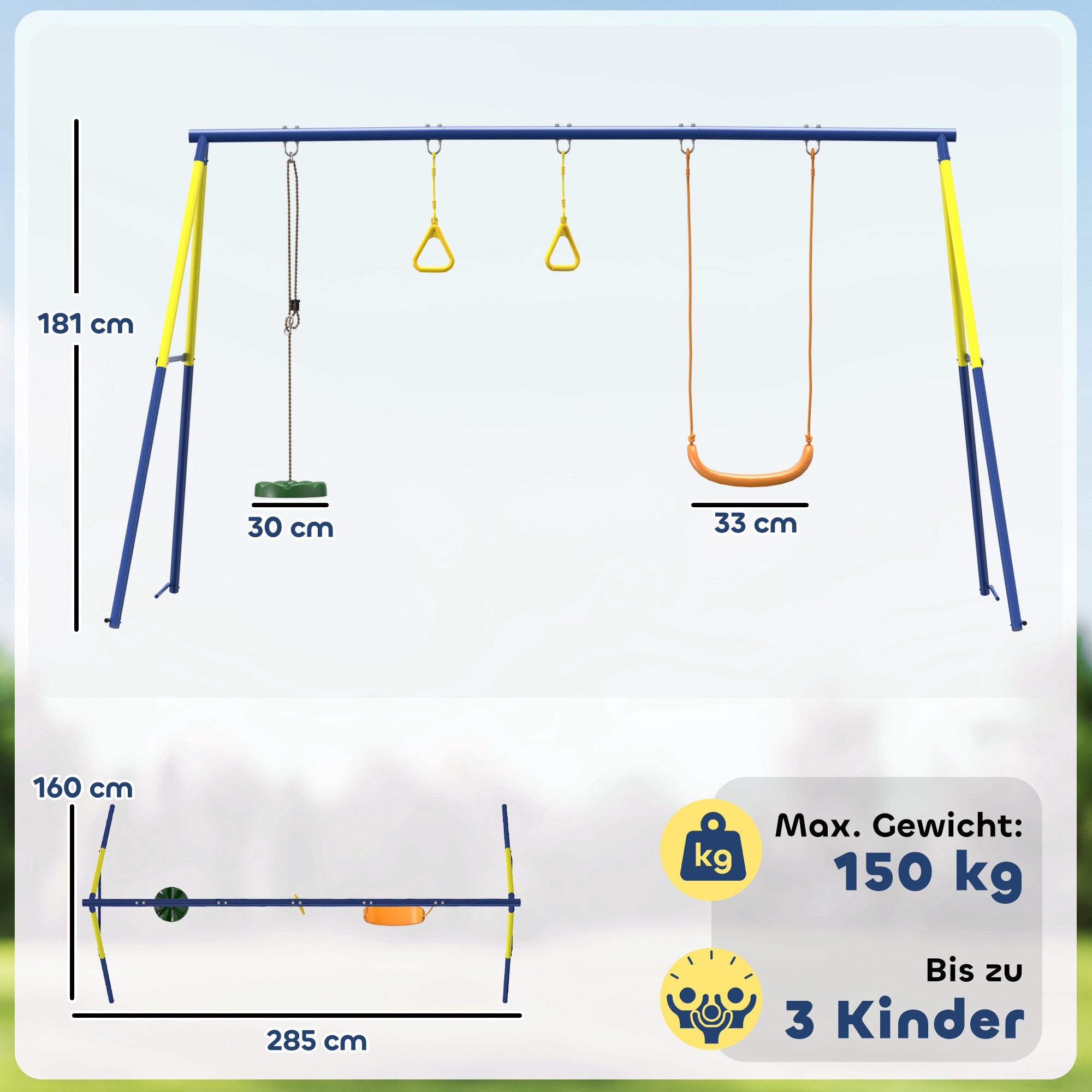 3-i-1-gunga för barn, stålram, 150 kg kapacitet