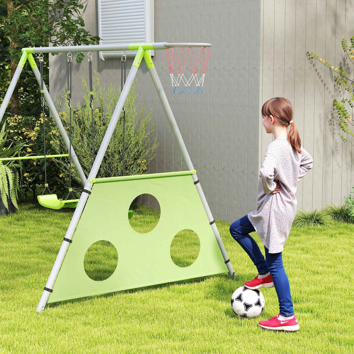 Utomhus 3-i-1 gungset med basketbåge och mål