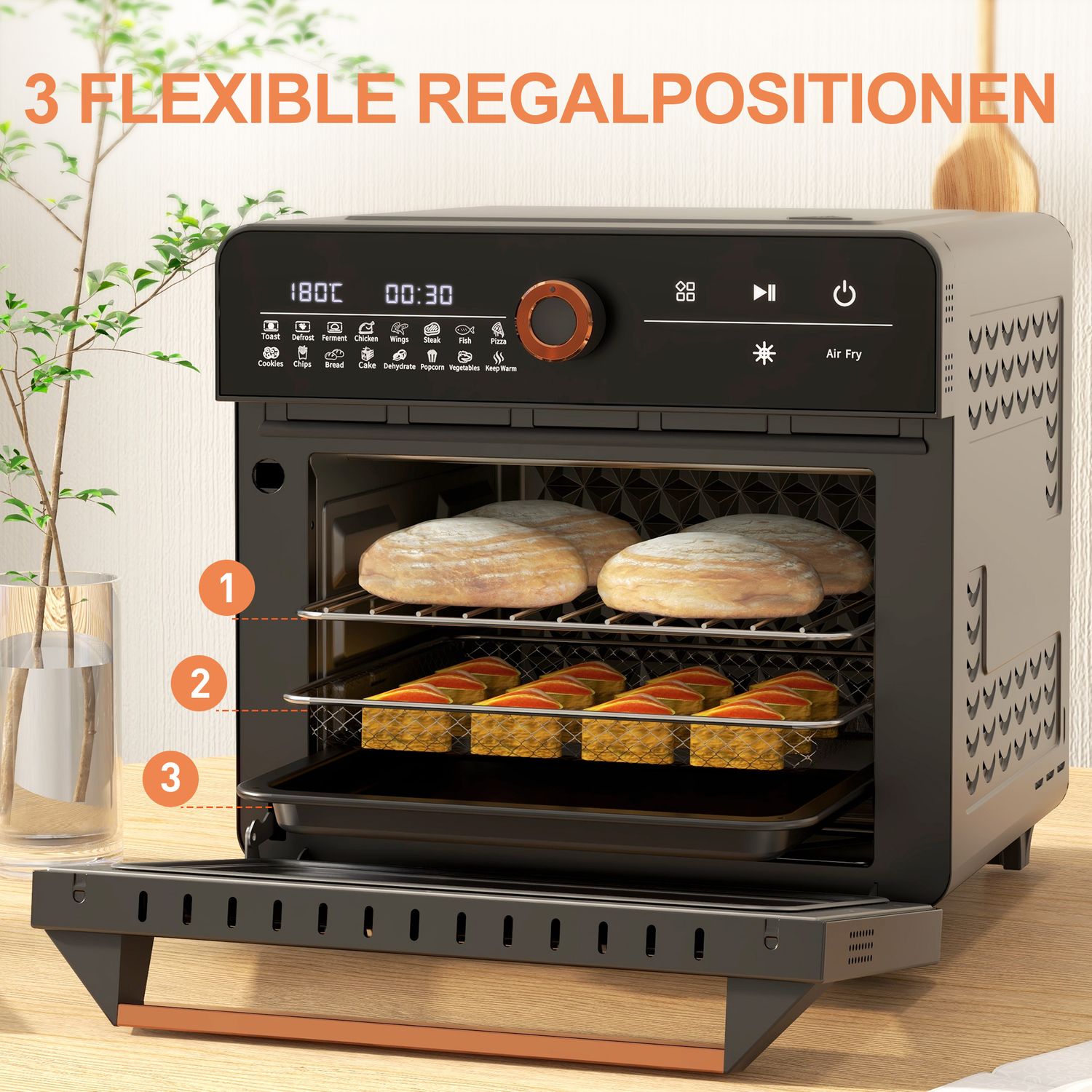 3-i-1 mini varmluftsugn med timer, 20L kapacitet