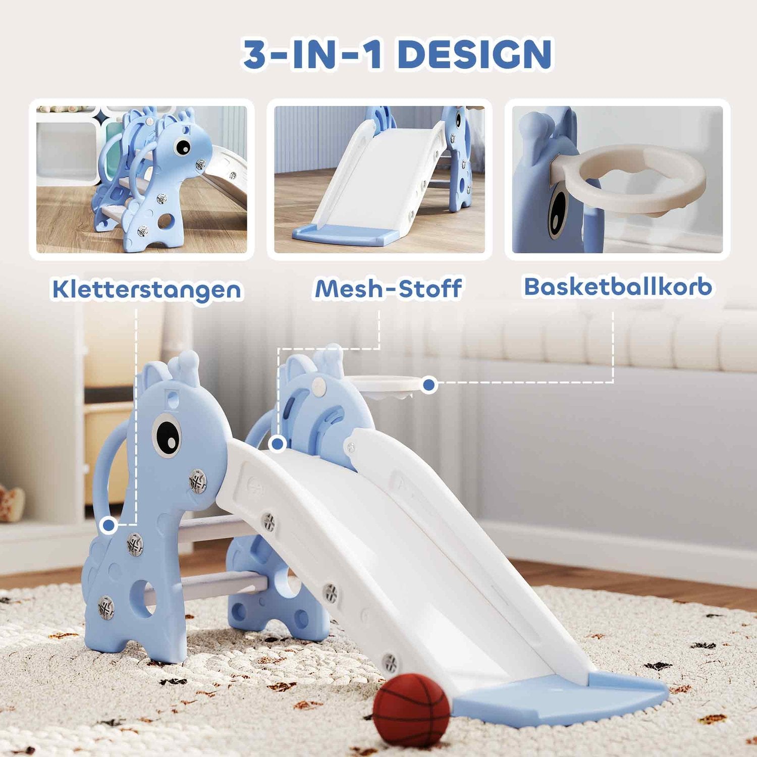 3-i-1 rutschkana för småbarn med basketbåge, inomhusblå