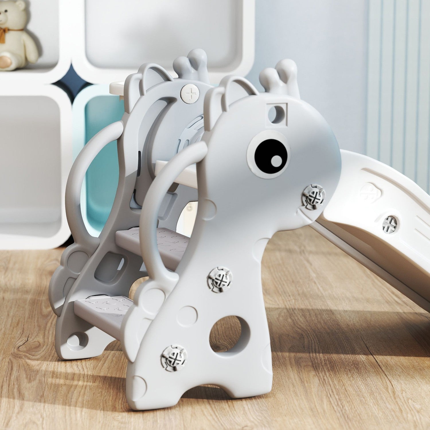 3-i-1 rutschkana för småbarn med basketbåge – inomhus, grå