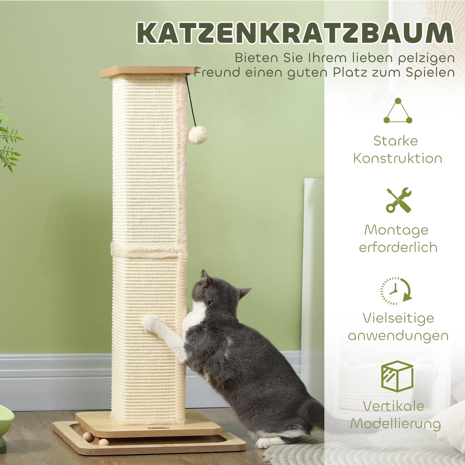 Sisal Cat Scratching Post, 87cm med Play Ball, Ek