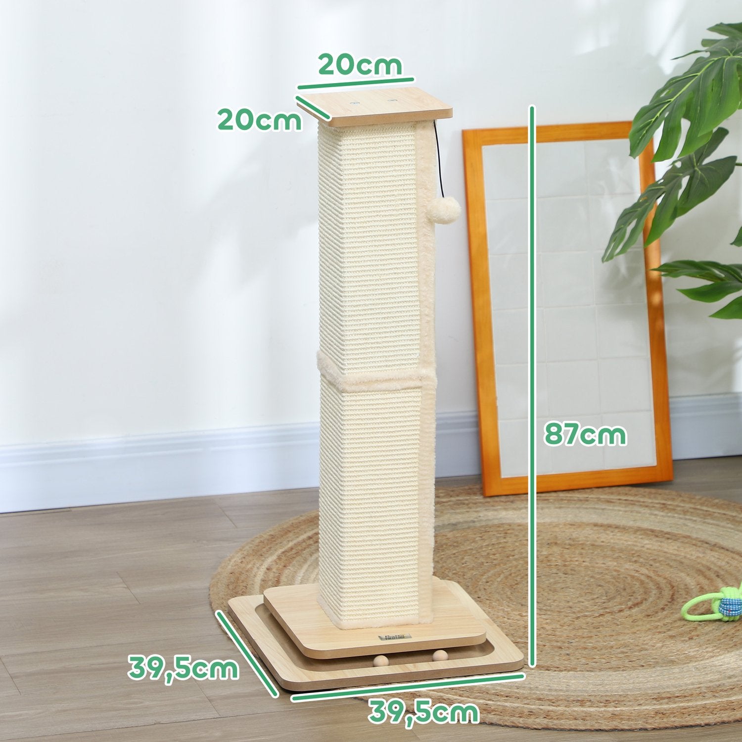 Sisal Cat Scratching Post, 87cm med Play Ball, Ek