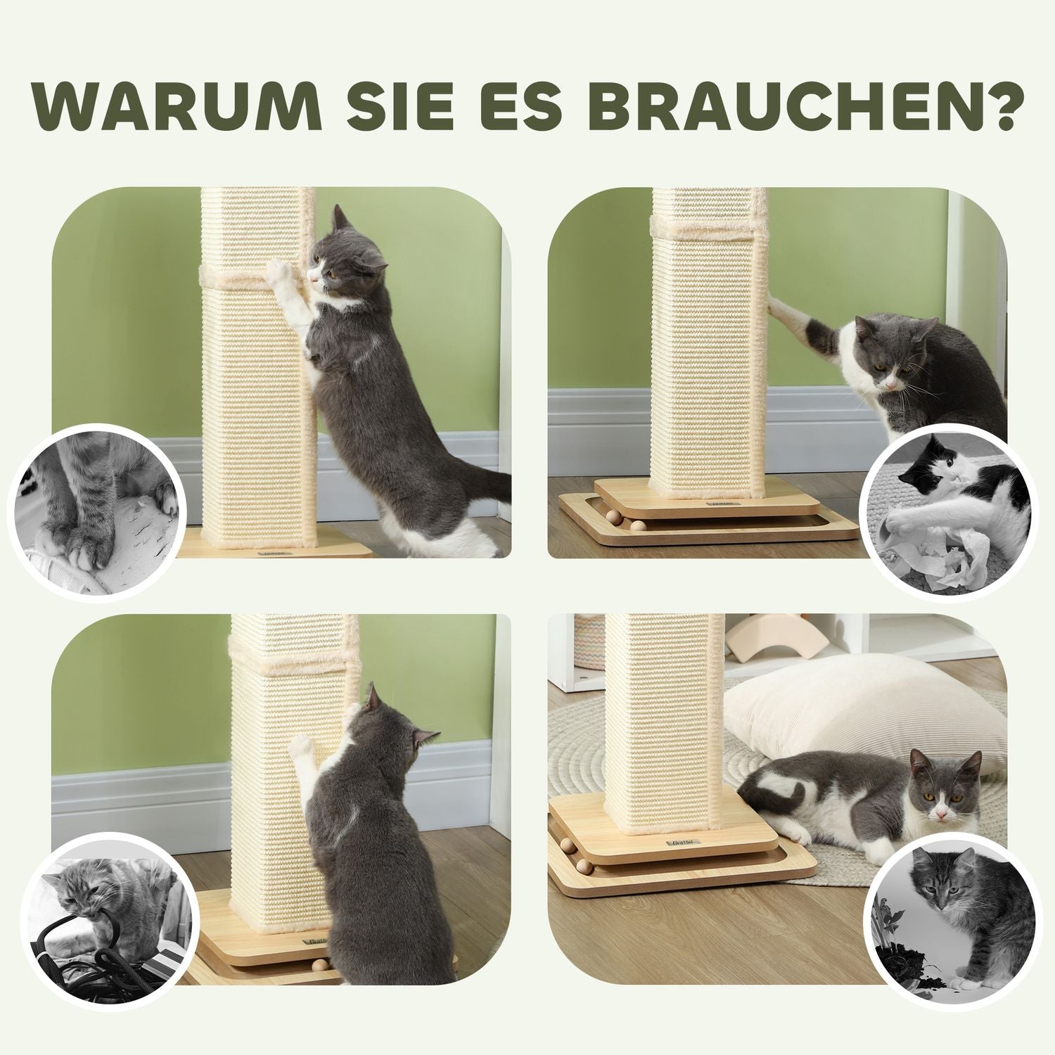 Sisal Cat Scratching Post, 87cm med Play Ball, Ek