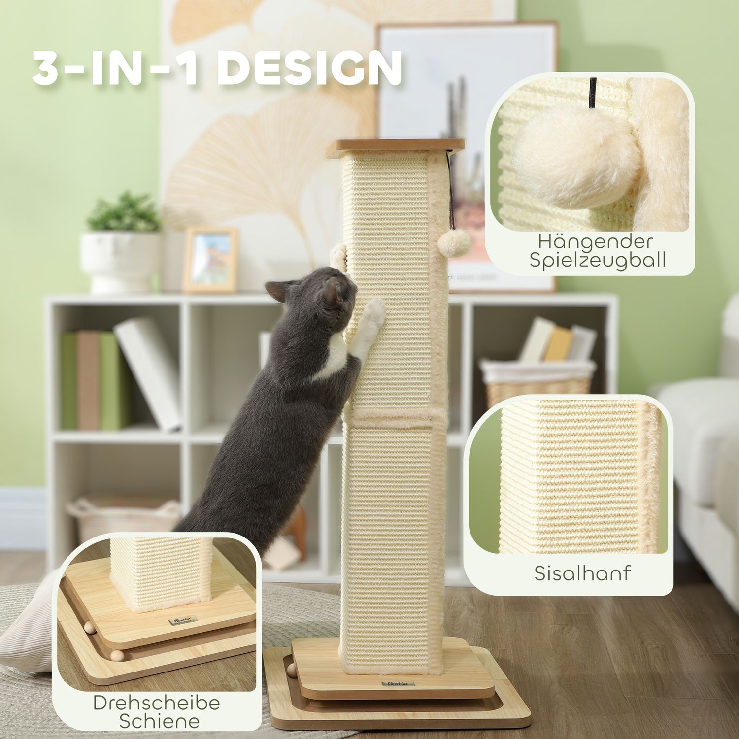 Sisal Cat Scratching Post, 87cm med Play Ball, Ek