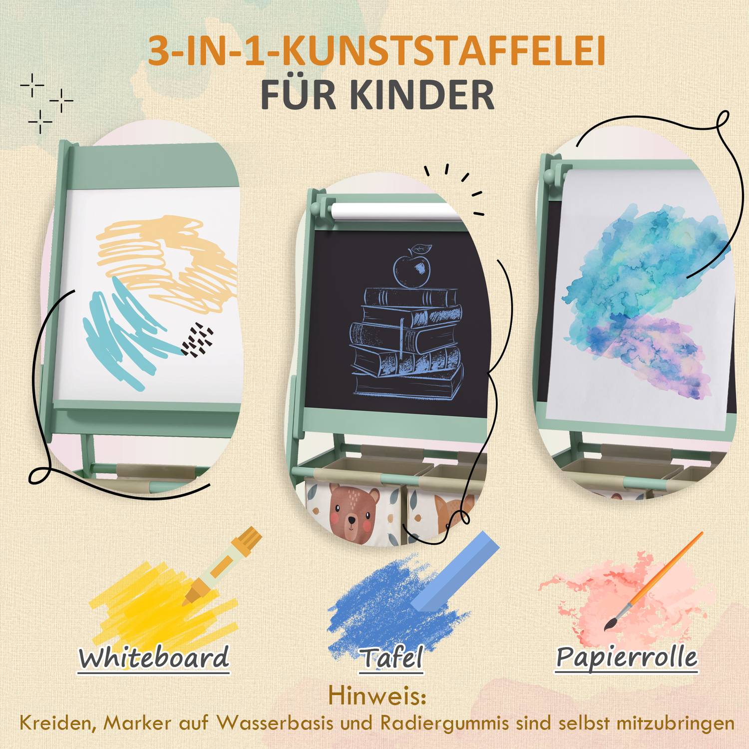 3-i-1 staffli för barn – Svarta tavla och whiteboard med pappersrulle