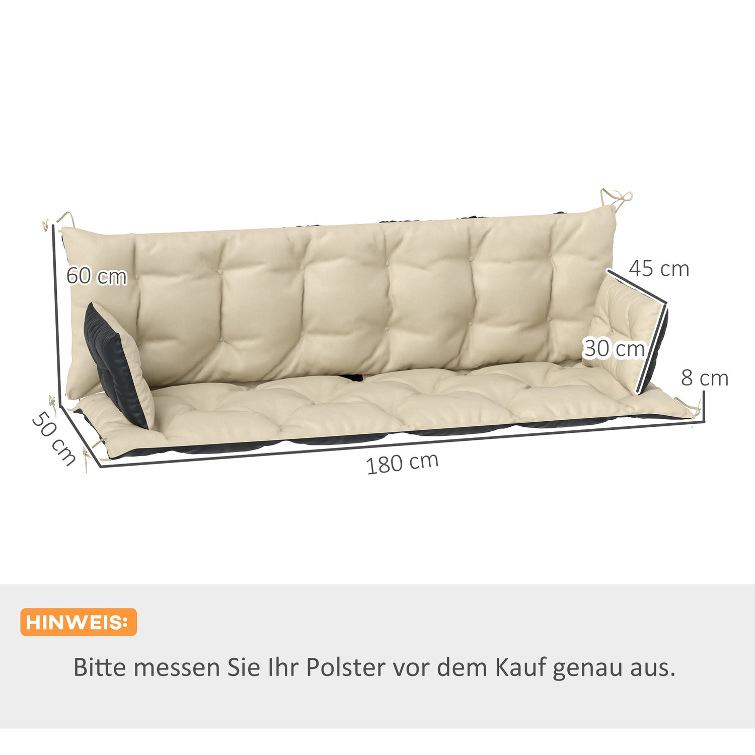 3-sits bänkkudde, 180x110x8 cm, beige/svart