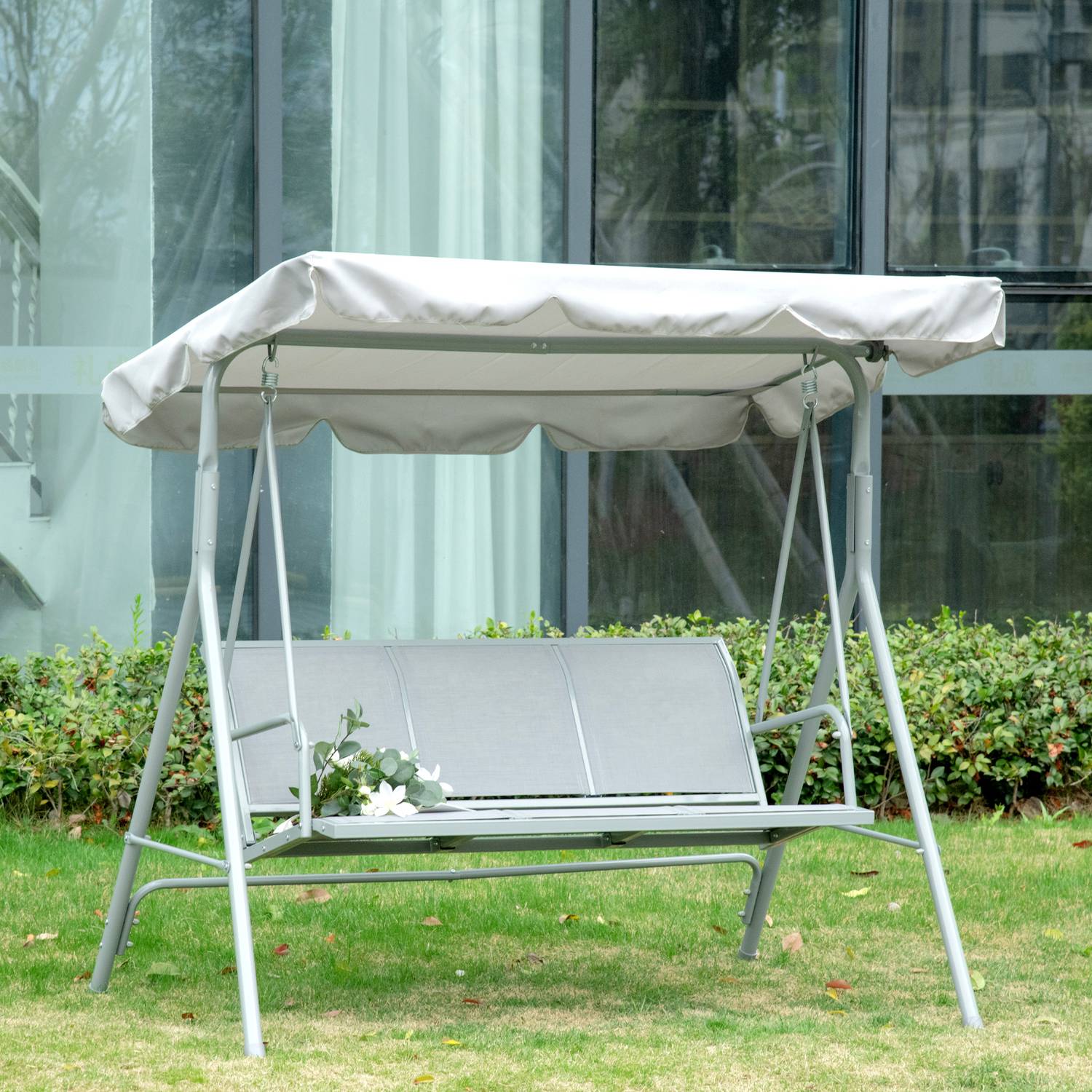 3-sits grå trädgårdssvingbänk med tak – metall 170x110x153cm