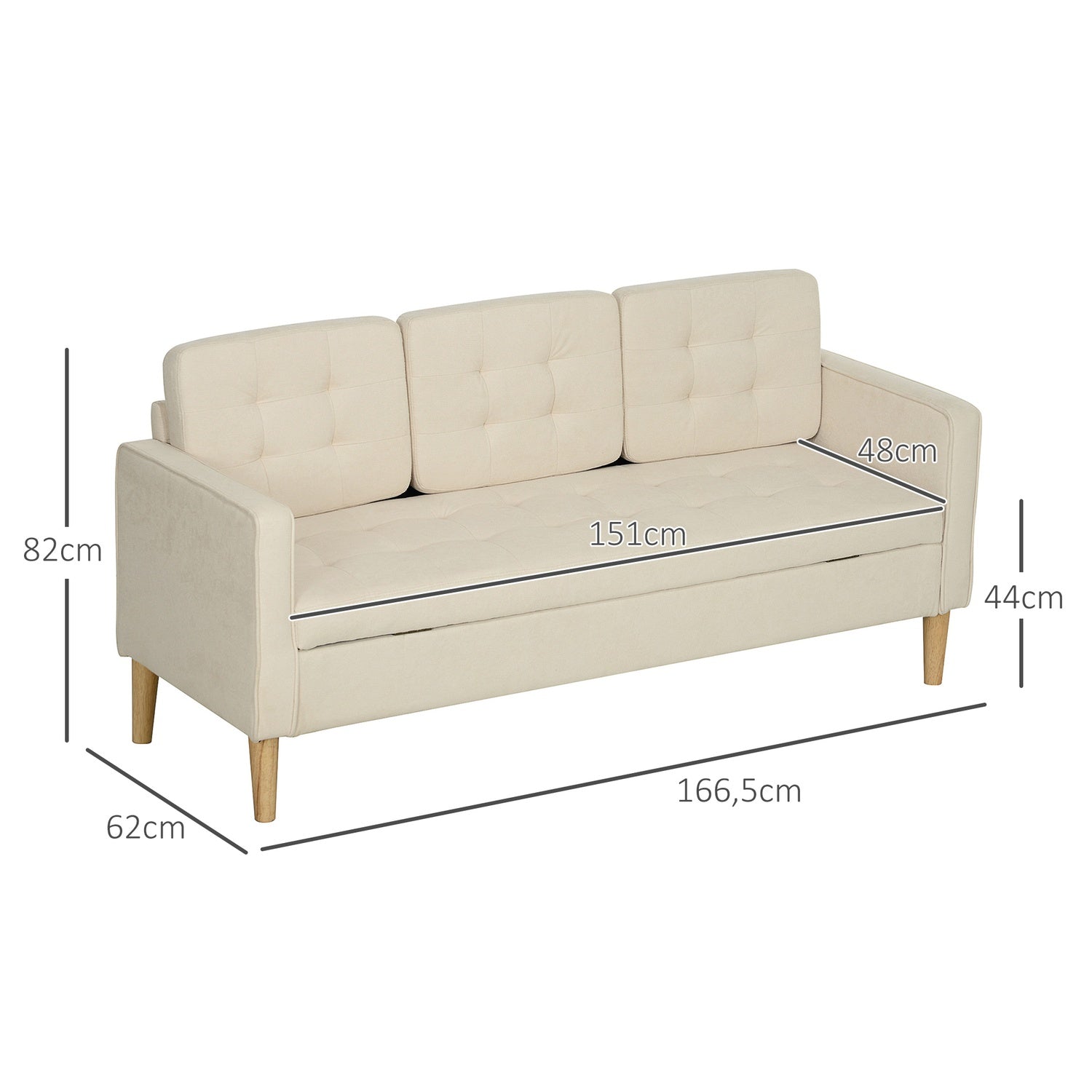 3-sits sammetssoffa, förvaring, träben, krämvit