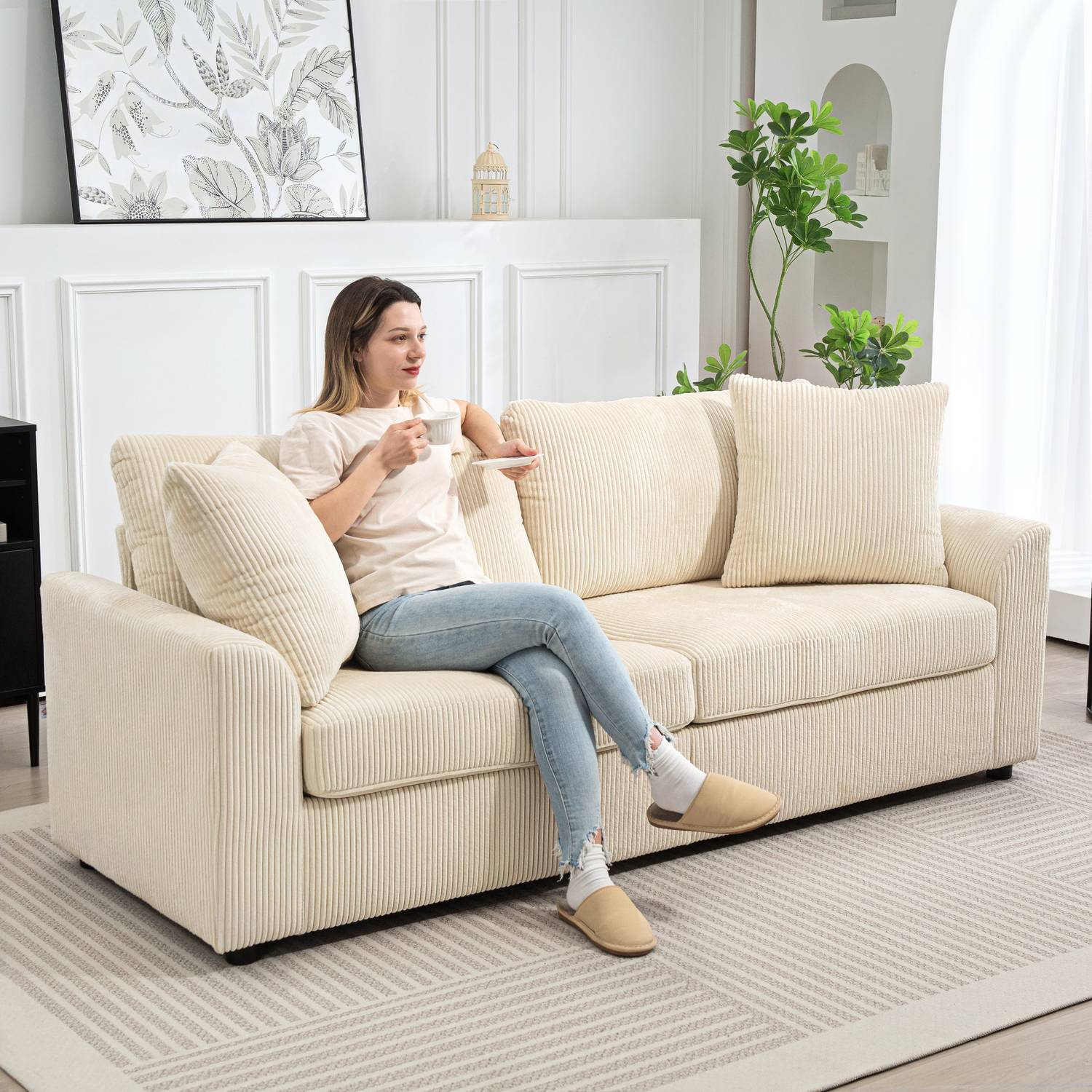 3-sits sladdsoffa med kuddar, Gräddvit, 212 cm
