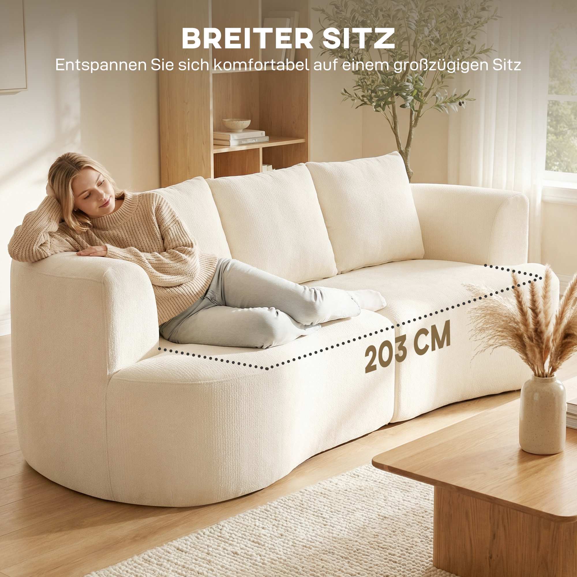 3-sitssoffa, 203 cm, Chenilletyg, Krämvit