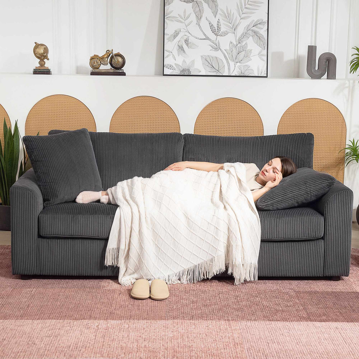 3-seters sofa i kordfløyel med puter, 212 cm, mørkegrå