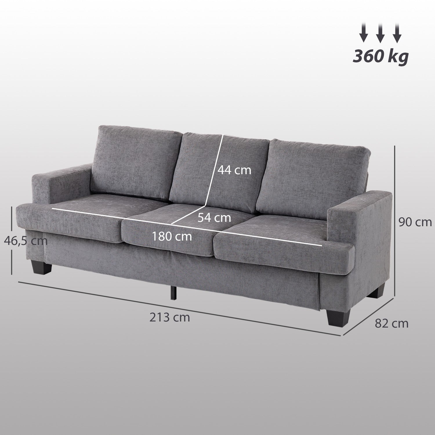 3-sits soffa, klädsel i grå tyg, Stålstomme