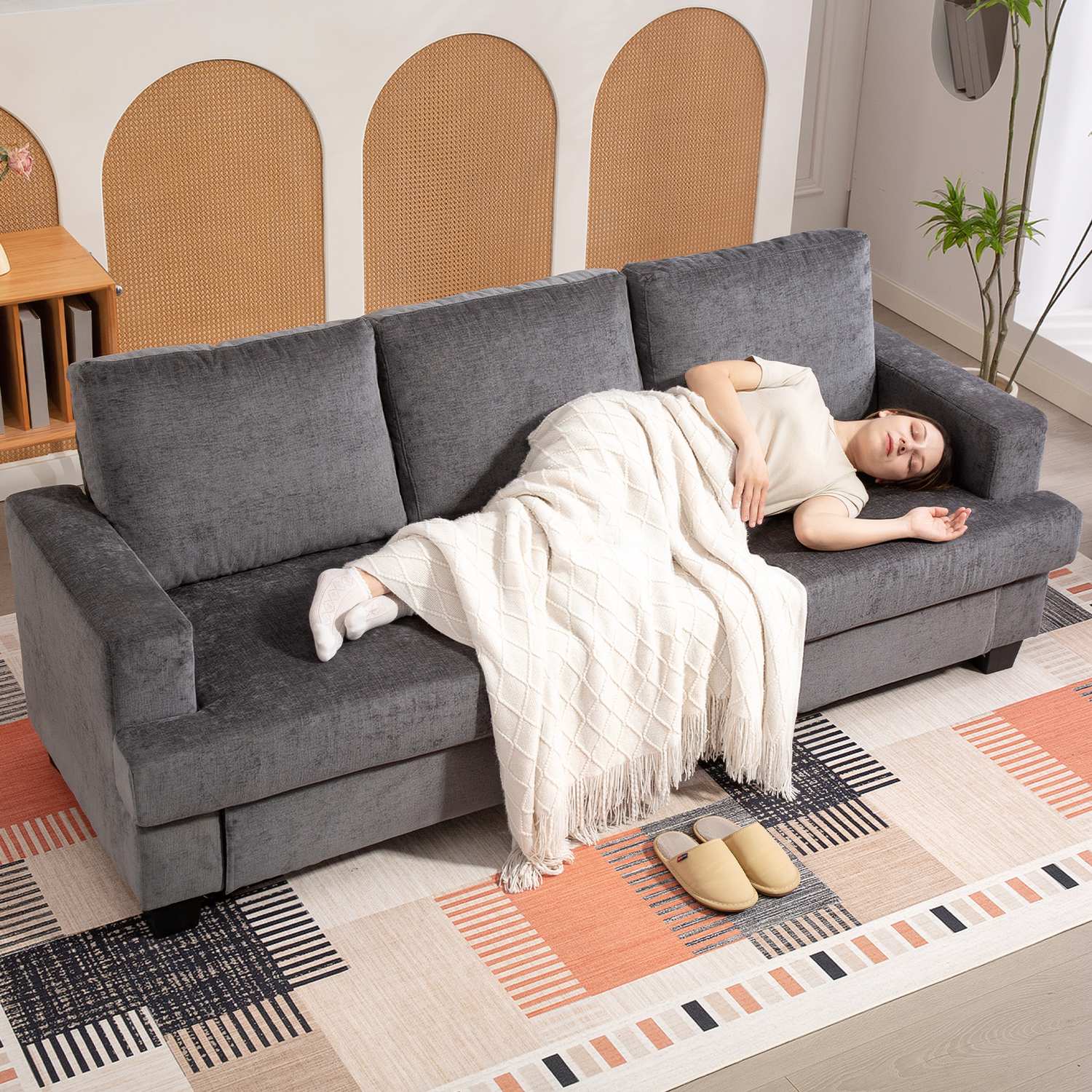 3-sits soffa, klädsel i grå tyg, Stålstomme