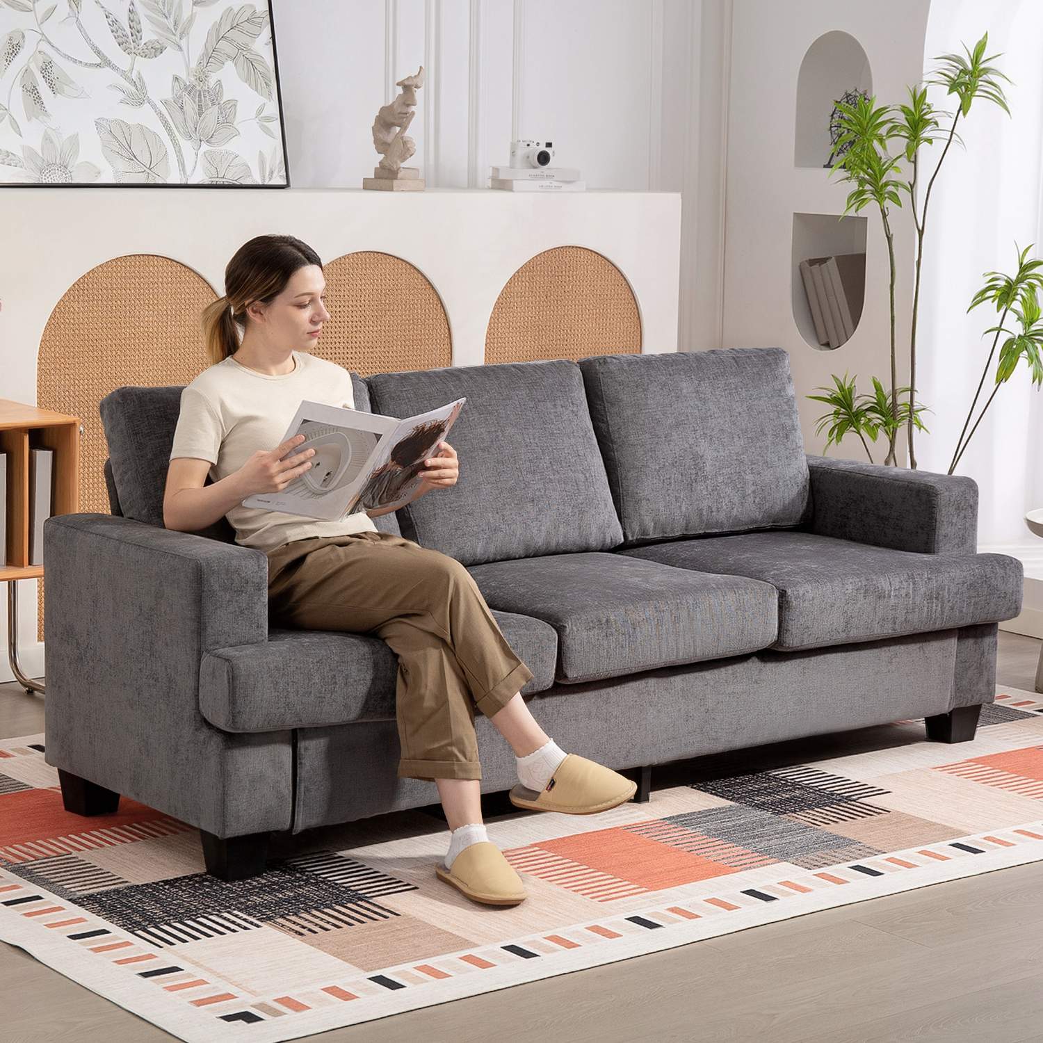 3-sits soffa, klädsel i grå tyg, Stålstomme