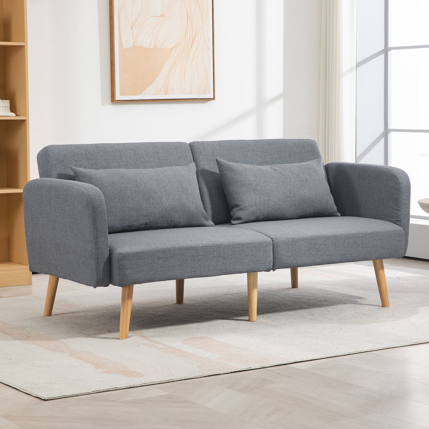 Grå 3-sits bäddsoffa, justerbar rygg, linnelook