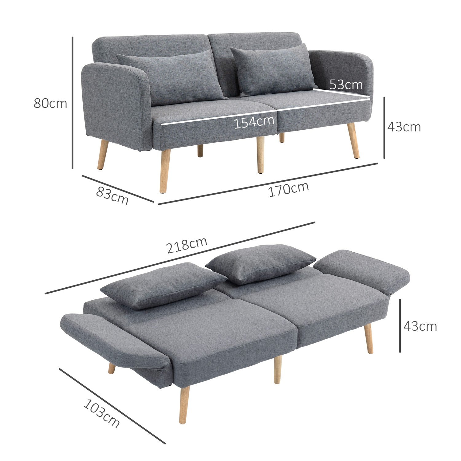 Grå 3-sits bäddsoffa, justerbar rygg, linnelook