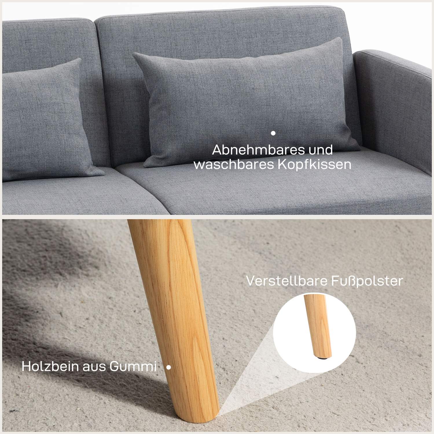 Grå 3-sits bäddsoffa, justerbar rygg, linnelook