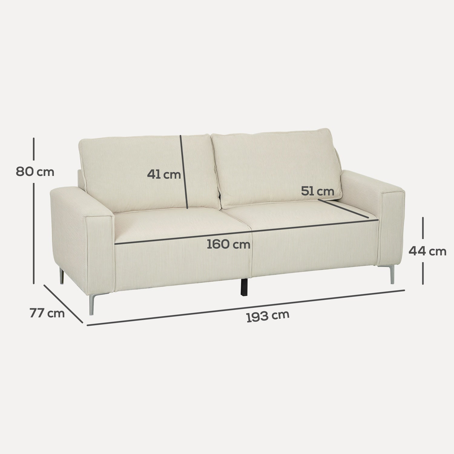 3-sits krämsoffa, sladdskydd, fjäderkärna, 193x77x80 cm