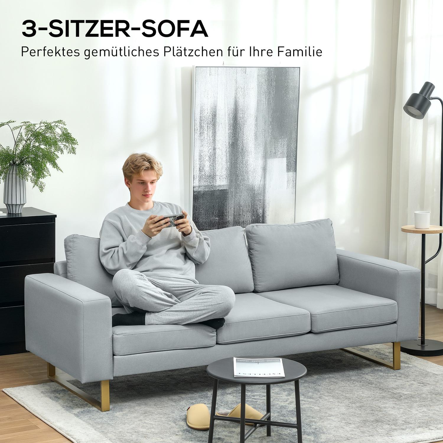 3-sits soffa, soffa med massiv träram, metallben, enkel design, ljusgrå