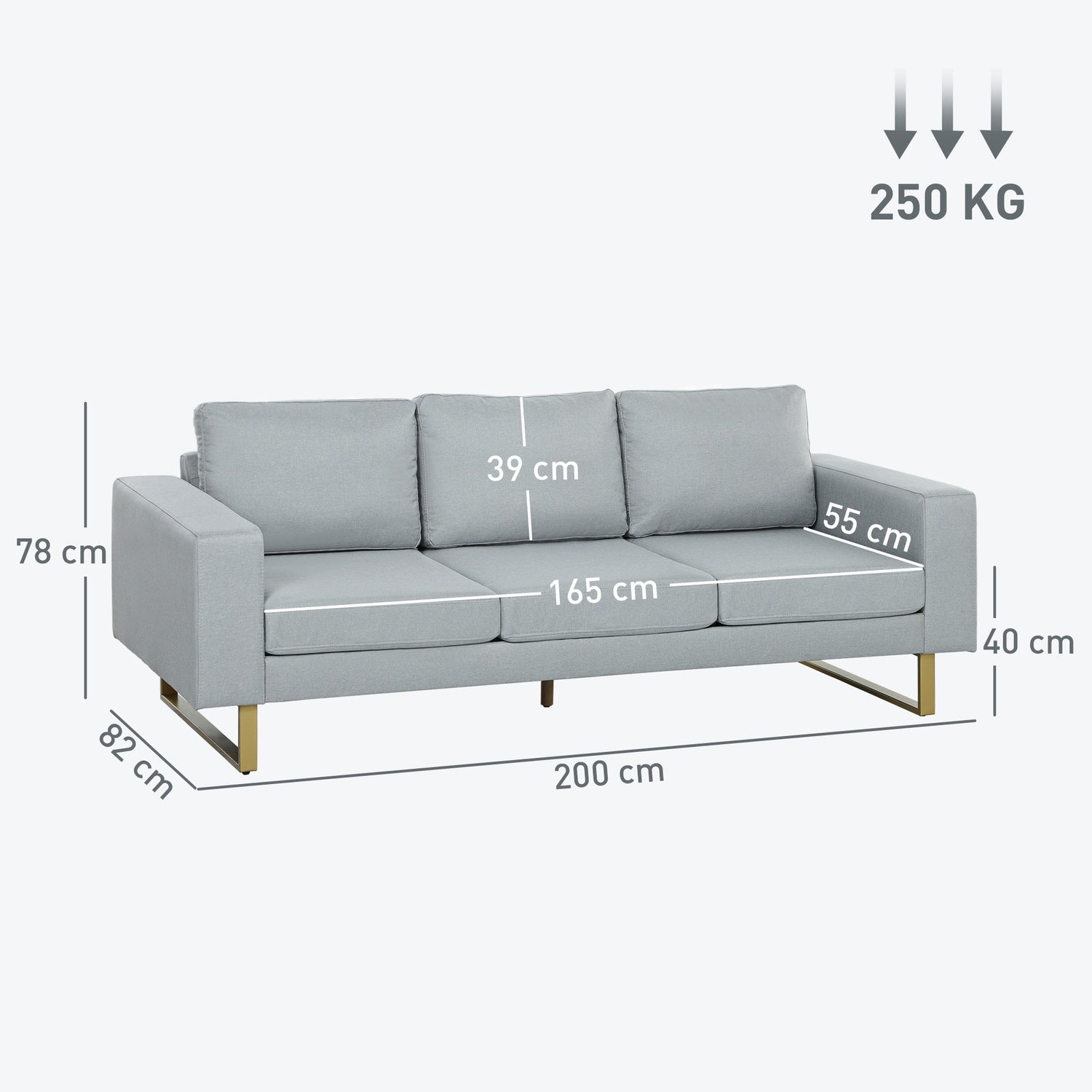 3-sits soffa, soffa med massiv träram, metallben, enkel design, ljusgrå