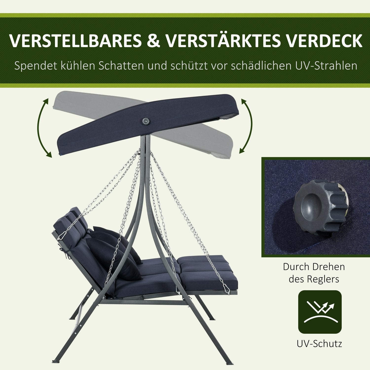 3-sits trädgårdsgunga, justerbar kapell och kuddar, kapacitet 270 kg