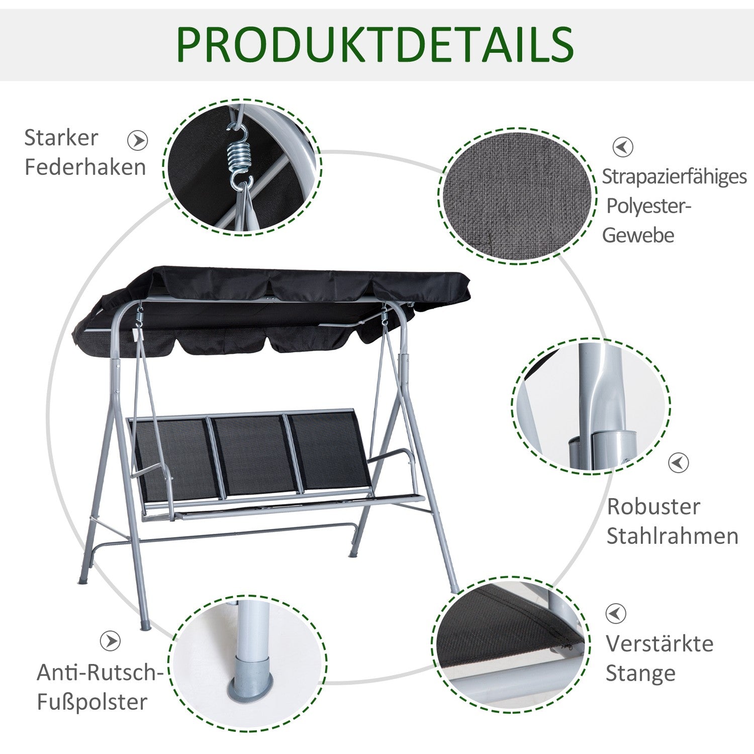 3-sits trädgårdsgunga med tak – metallram, svart/silver