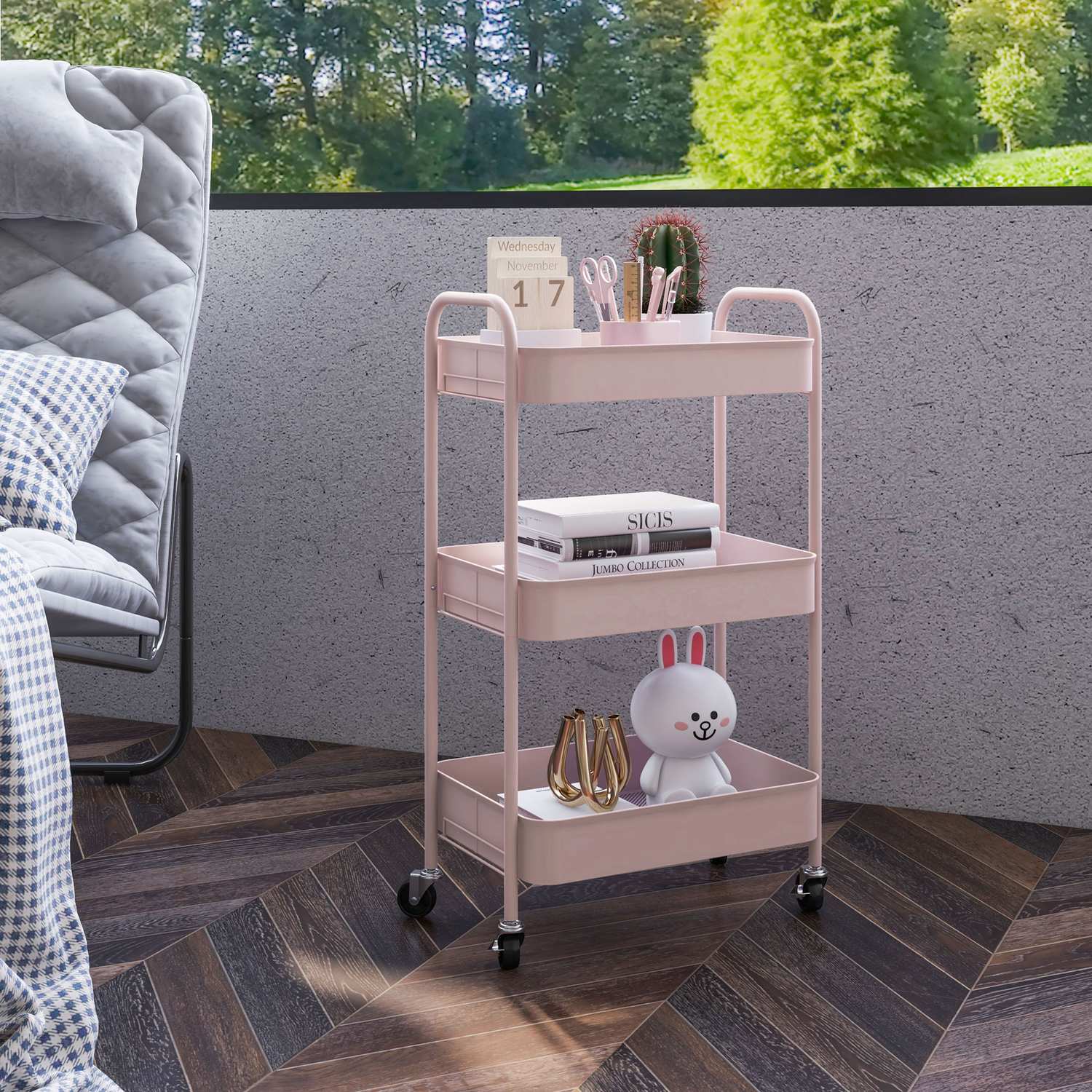 3-våningars rosa stålvagn med hjul
