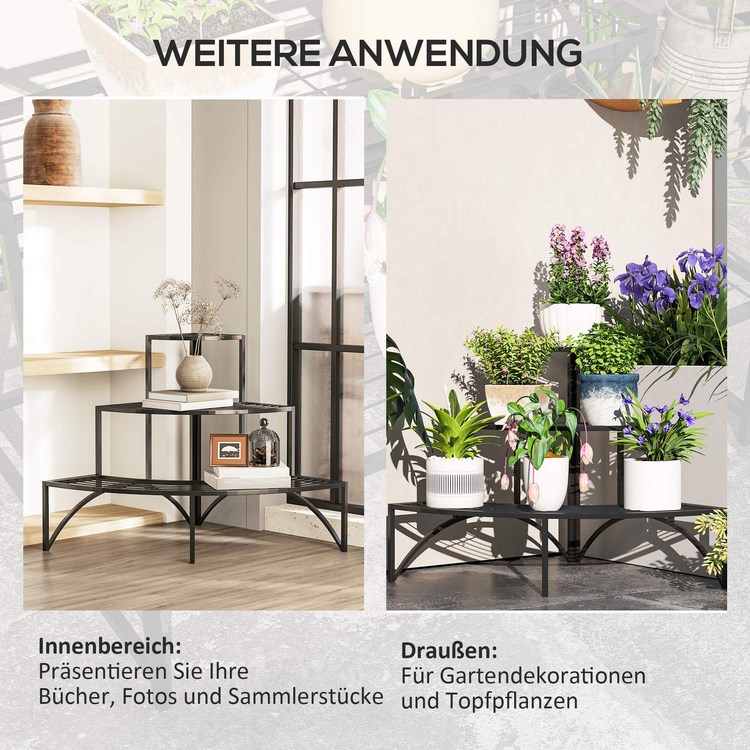 Plantställning i tre nivåer i metall för inomhusbruk utomhus, 60 cm hög