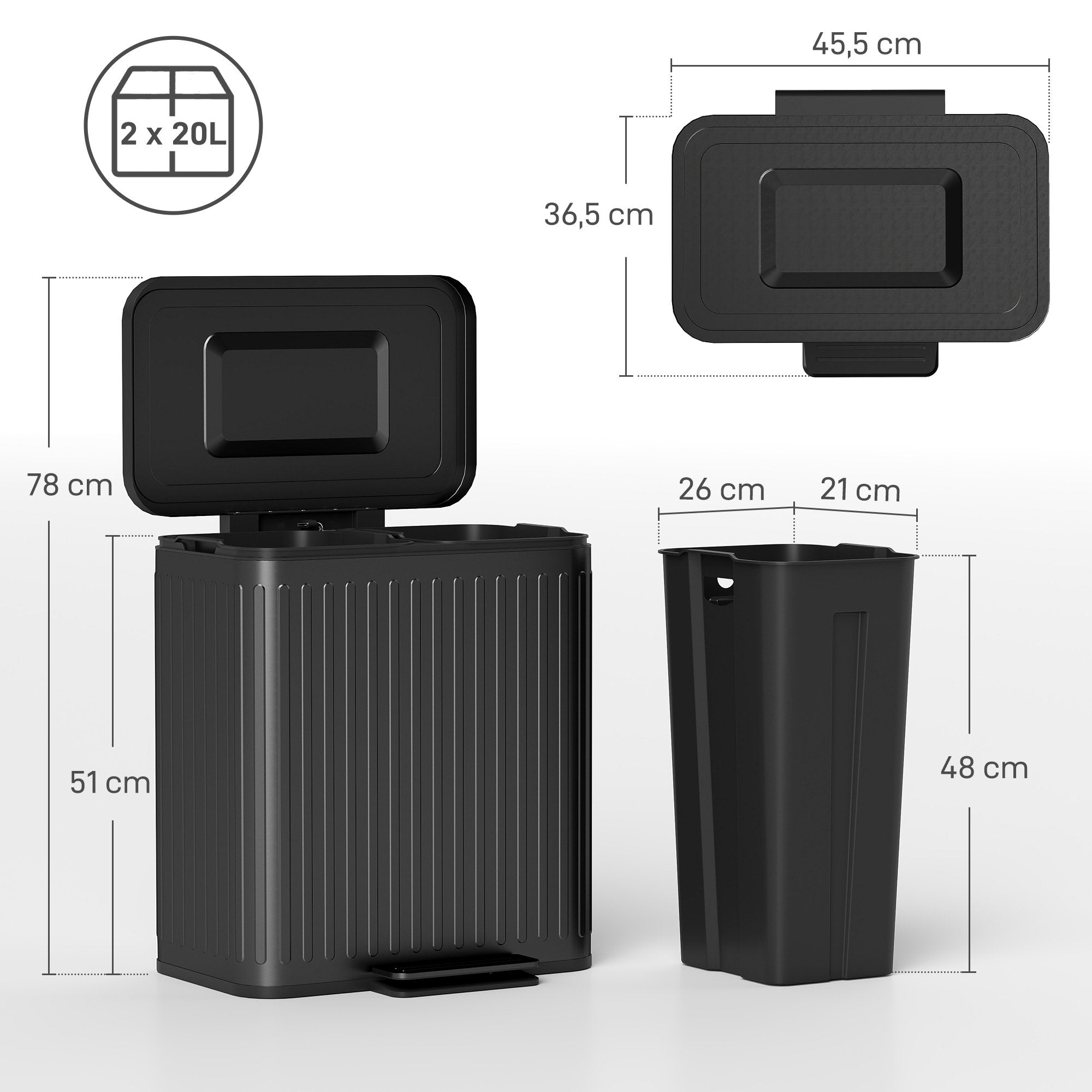 40L dubbel pedalhink, metall, 2 x 20L kapacitet