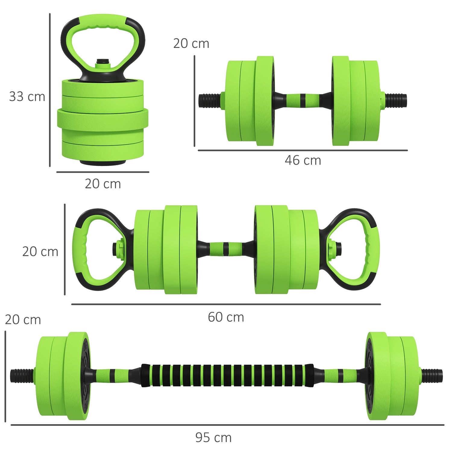 4 i 1 hantelset 20 kg justerbar hantel & skivstång Kettlebell Push-up Handtag Grön
