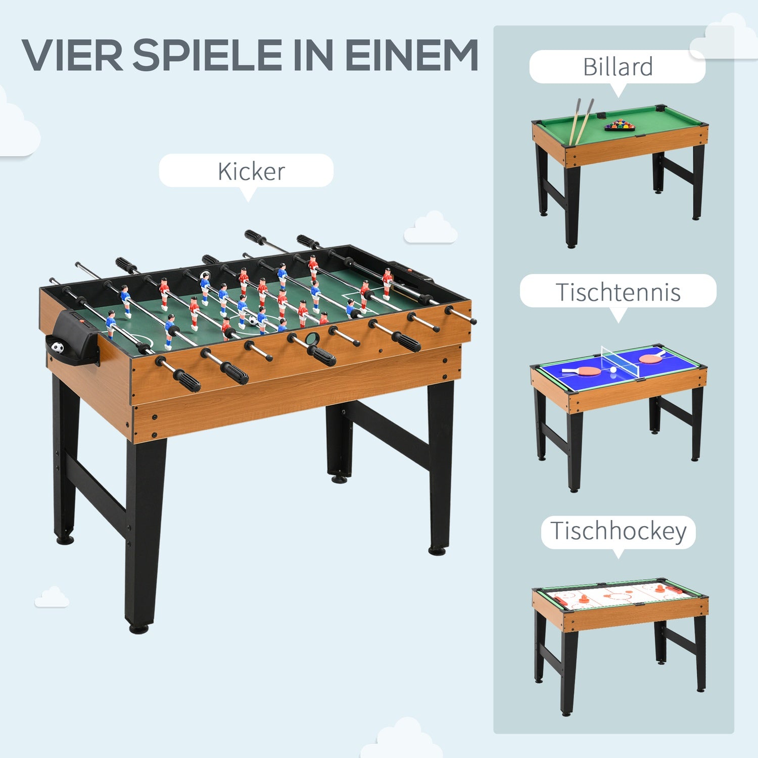 Flerspelsbord: Ping Pong, Foosball, Biljard, Air Hockey